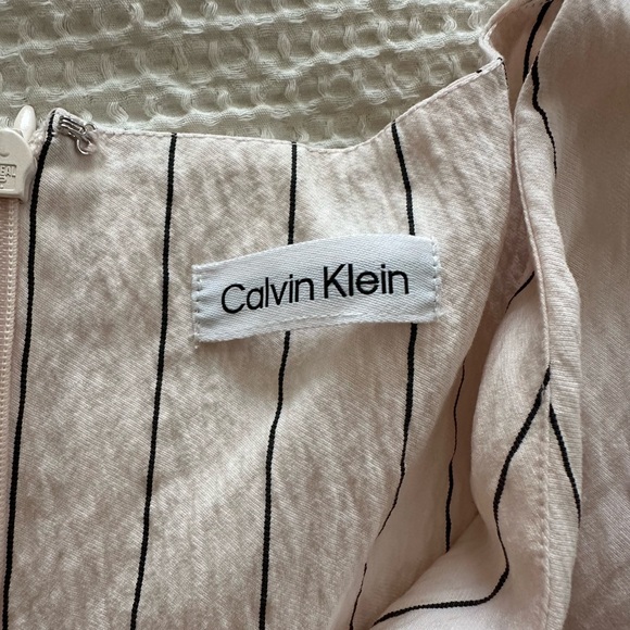 Calvin Klein Blush Pink And Black Striped Puff Sleeve Midi Dress Size Medium - Picture 3 of 3